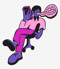 the character sits on a chair and speaks on the phone in vector.illustration of negotiations with a client.a guy sits on a computer chair with a phone in his hand. people colleagues in flat style.conv