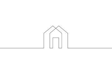One continuous line. Linear . Minimalist home design. Geometric building logo. Modern city house. One continuous line drawn isolated, white background.