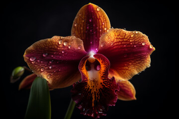Exotic orange Orchid flower with leaf at the black bckground, botanical detailed close up image, generative ai