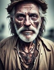 Stunning gifted homeless elderly man, haunted, dirty skin,old scarce tattered outfit. futuristic background. grandpa, grandfather, old, older. generative ai
