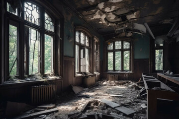 Fototapeta na wymiar Spooky abandoned school with broken windows - Generative AI