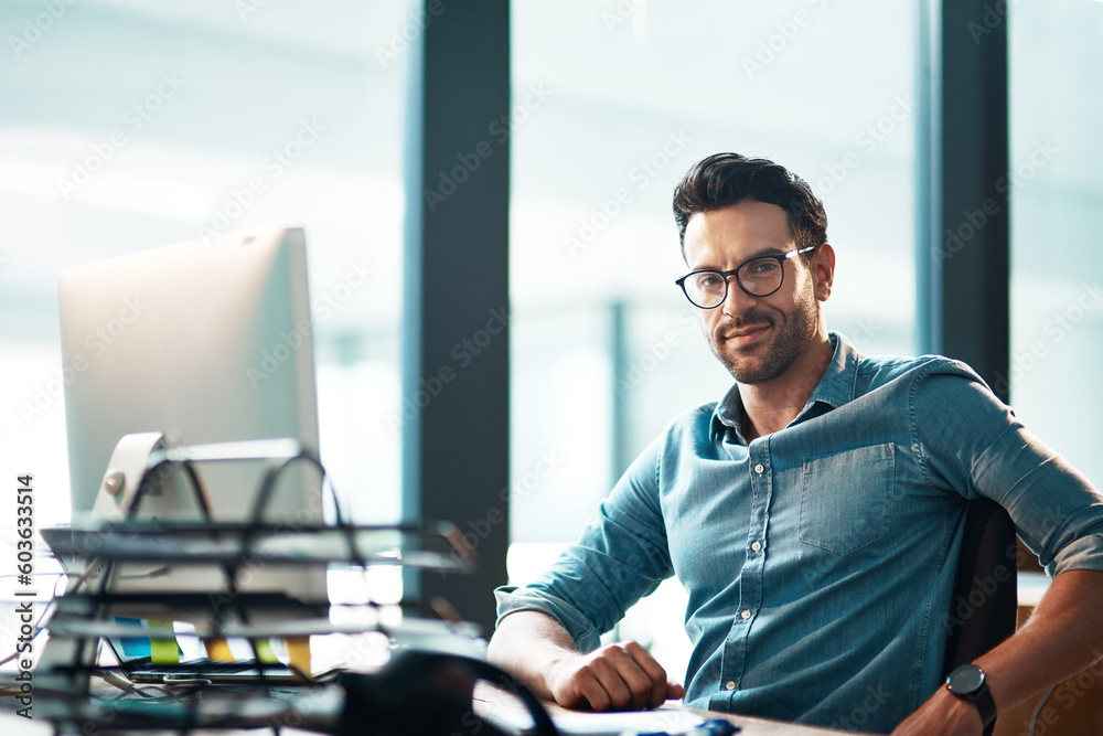 Fototapete business man, portrait and working at computer, office desk or confidence for web development in it 