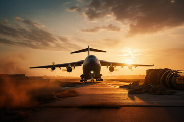 Fototapeta na wymiar Cargo plane taking off at sunset - Generative AI