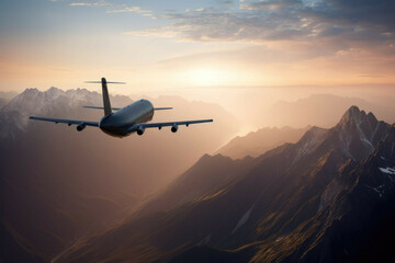 Fototapeta na wymiar Cargo plane over mountain range at sunrise - Generative AI