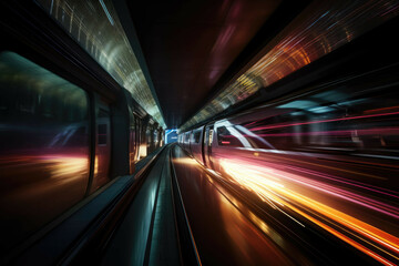 Fototapeta na wymiar Futuristic high-speed train speeding through neon-lit tunnel. - Generative AI