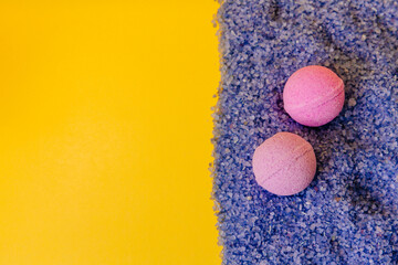 Bath salt, round salt bombs. Relax and spa at home. Health and beauty care. Room for text