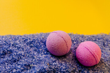 Bath salt, salt bombs. Relax and spa at home. Health and beauty care. Room for text