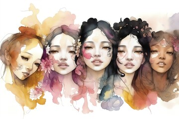 Multiracial portrait of pretty sweet woman girl with colorful flowers around, watercolor art, abstract beauty.