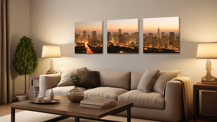 large canvas prints prominently displayed on the main wall of the living room