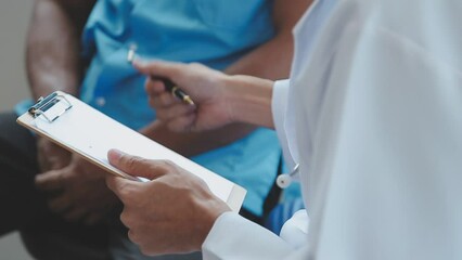 Men's health exam with doctor or psychiatrist working with patient having consultation on diagnostic examination on male disease or mental illness in medical clinic or hospital mental health service