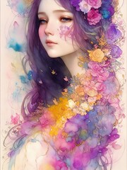 Multiracial portrait of pretty sweet woman girl with colorful flowers around, watercolor art, abstract beauty.