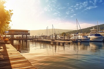 Fototapeta premium Perfect Picturesque Harbor: A Serene Summer Port Scene with Boats, Yachts, and Vibrant Mediterranean Tourism Created by Generative AI