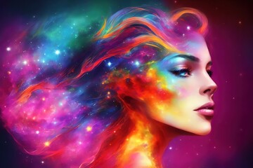 Woman portrait with colorful nebula. astral body. Surrounded by the wonders of the galaxy Esoteric and spiritual life concept. generative AI.