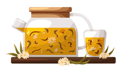 a teapot with floral green tea and a glass transparent teacup