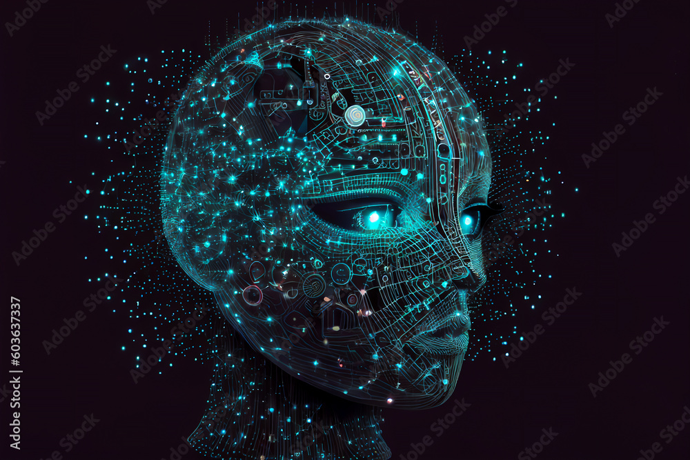Wall mural neural network of big data and artificial intelligence circuit board in the head of a blue human fem