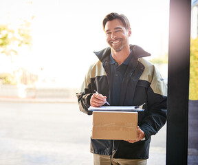 Delivery man, box and portrait with a package and pen for signature on paper at front door....