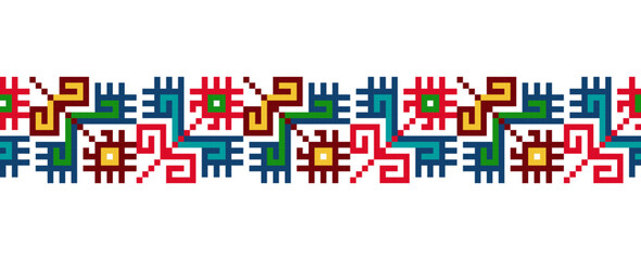 Ukrainian colorful embroidery vector pattern. Pixel art, vyshyvanka, cross stitch ornament. Ukrainian folk, ethnic embroidery pattern for textile, fabric print - obrazy, fototapety, plakaty