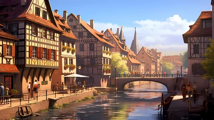 Fotobehang Illustration of traditional colorful half-timbered houses and a river in an old European town © Aleh Varanishcha