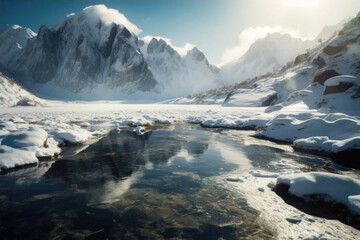 Fototapeta na wymiar Tranquil lake surrounded by snow-covered mountains. - Generative AI
