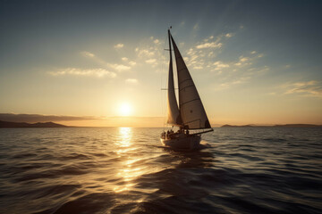 Fototapeta na wymiar Sailing on a calm sea at sunset. - Generative AI