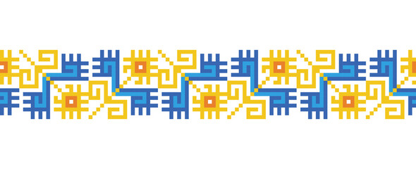 Ukrainian floral ornament in yellow and blue colors. Vector ornament, border, pattern. Ukrainian folk, ethnic floral embroidery. Pixel art, vyshyvanka, cross stitch