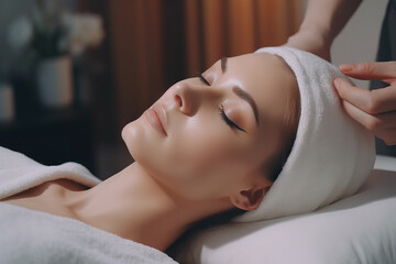 Fototapeta na wymiar Beautiful young woman receiving facial massage in spa salon. Generative AI