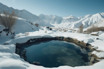 Fototapeta na wymiar Hot spring pool in a snowy mountain landscape. - Generative AI