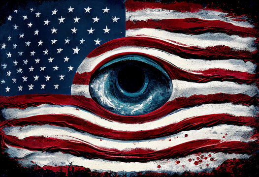 American flag of the United States of America background with a distressed vintage weathered effect known as the Stars and Stripes with a deep state eye, computer Generative AI stock illustration 