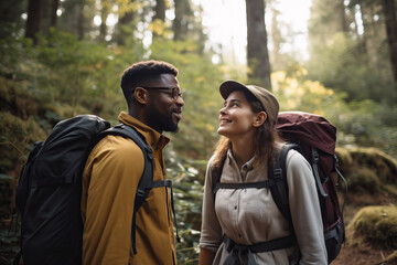 Fototapeta premium Mixed race couple of hikers walking by forest,. Generative ai