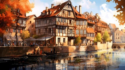 Illustration of traditional colorful half-timbered houses and a river in an old European town - obrazy, fototapety, plakaty