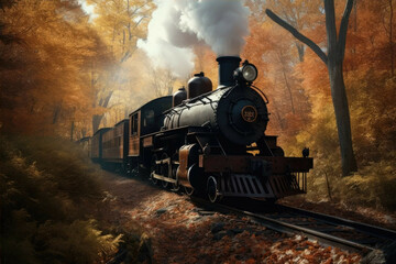 Fototapeta na wymiar Vintage steam locomotive chugging through autumn forest. - Generative AI