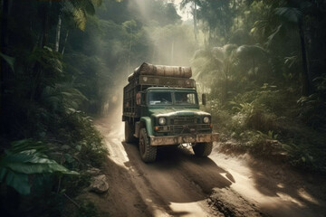 Obraz na płótnie Canvas Cargo truck driving on dirt road through tropical rainforest. - Generative AI