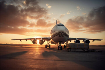 Fototapeta na wymiar Cargo plane parked on runway at sunset - Generative AI