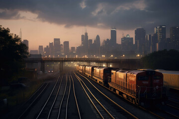 Fototapeta na wymiar Cargo train passing through a city at dawn - Generative AI