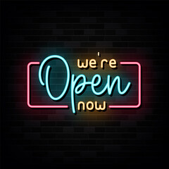 We Are Open Now Neon Signs Vector. Design Template Neon Style