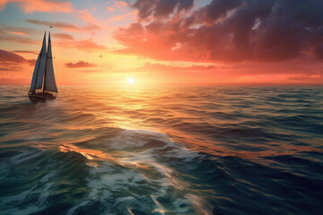 Fototapeta na wymiar A sailboat sailing on a calm sea with a colorful sunset. - Generative AI