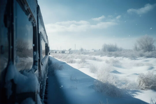 Train traveling through a snowy landscape. - Generative AI
