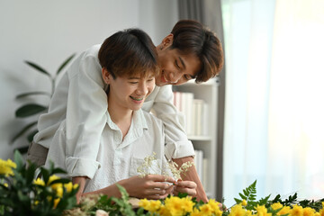 Homosexual, LGBT and relationships. Joyful male gay couple spending time together, enjoying...
