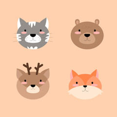 Fototapeta premium set of funny cartoon animals, cat, bear, fox, deer