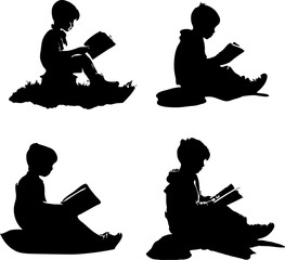 silhouettes of boys sitting while reading a book