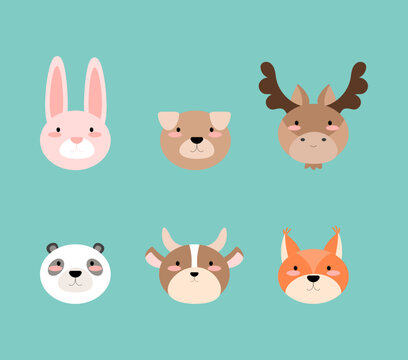 set of funny cartoon animals,hare,  moose, panda, cow, squirrel, dog