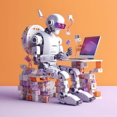Naklejka premium Robot with computer working. Style of social creative idea. Pastel colors. Generative AI.