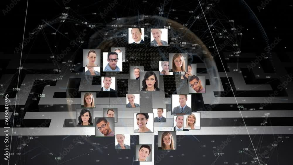 Poster animation of globe with photos and computer data processing over maze