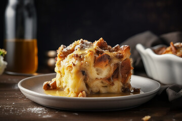 Delicious Kentucky bread pudding with rich buttery Bourbon vanilla sauce on a plate. Traditional...