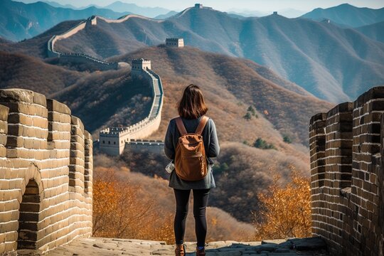 view from the back of asian girl tourist taking picture in china great wall illustration generative ai