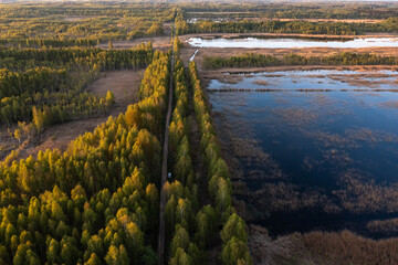 Aerial view of the Lithuanian Tyruliai State Nature Reserve, highly attractive to birds because of the reflooding of the excavated peat which provide them with food and habitats.