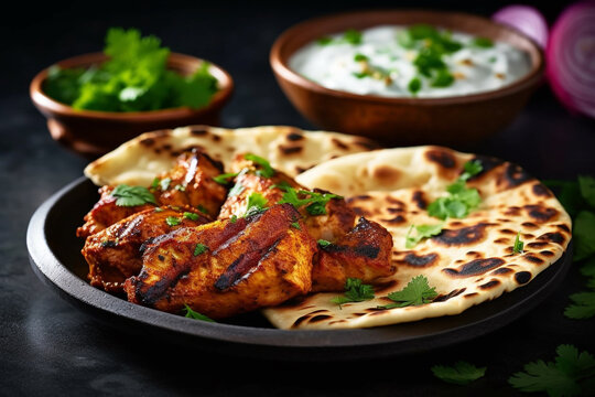 Close up of Naan roti and tandoori chicken, Indian food. Generative AI