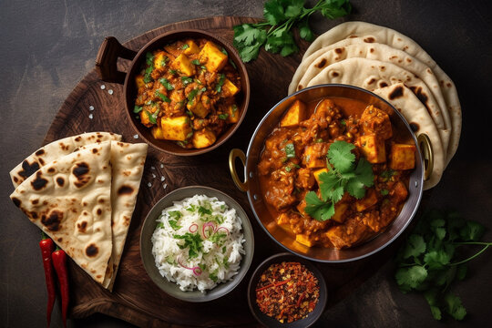 Vegetarian Indian food flat lay, White rice, Matar Paneer, Naan roti, Aloo Gobi, Generative AI