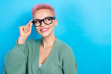Obraz na płótnie Canvas Photo of model smart young pink dyed hair woman manager touch specs look empty space best deal advert isolated on blue color background
