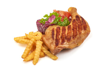Grilled chicken legs with potato fry, isolated on white background.